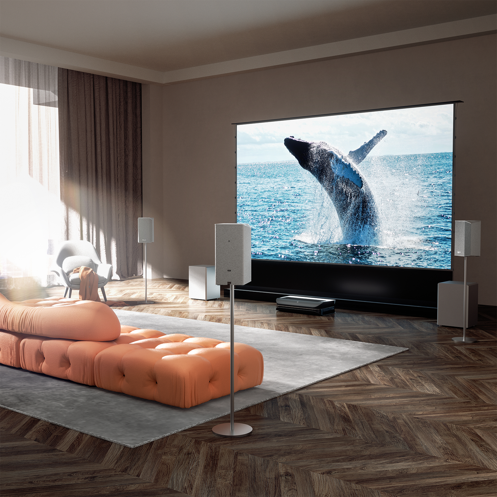 AWOL Vision Aetherion Max - Projetor Laser RGB 4K de Ultra Curta Distância com 3300 Lúmens ISO, Tela de até 200", Contraste 6000:1, Dolby Vision para Games, Latência de 1ms e Google TV