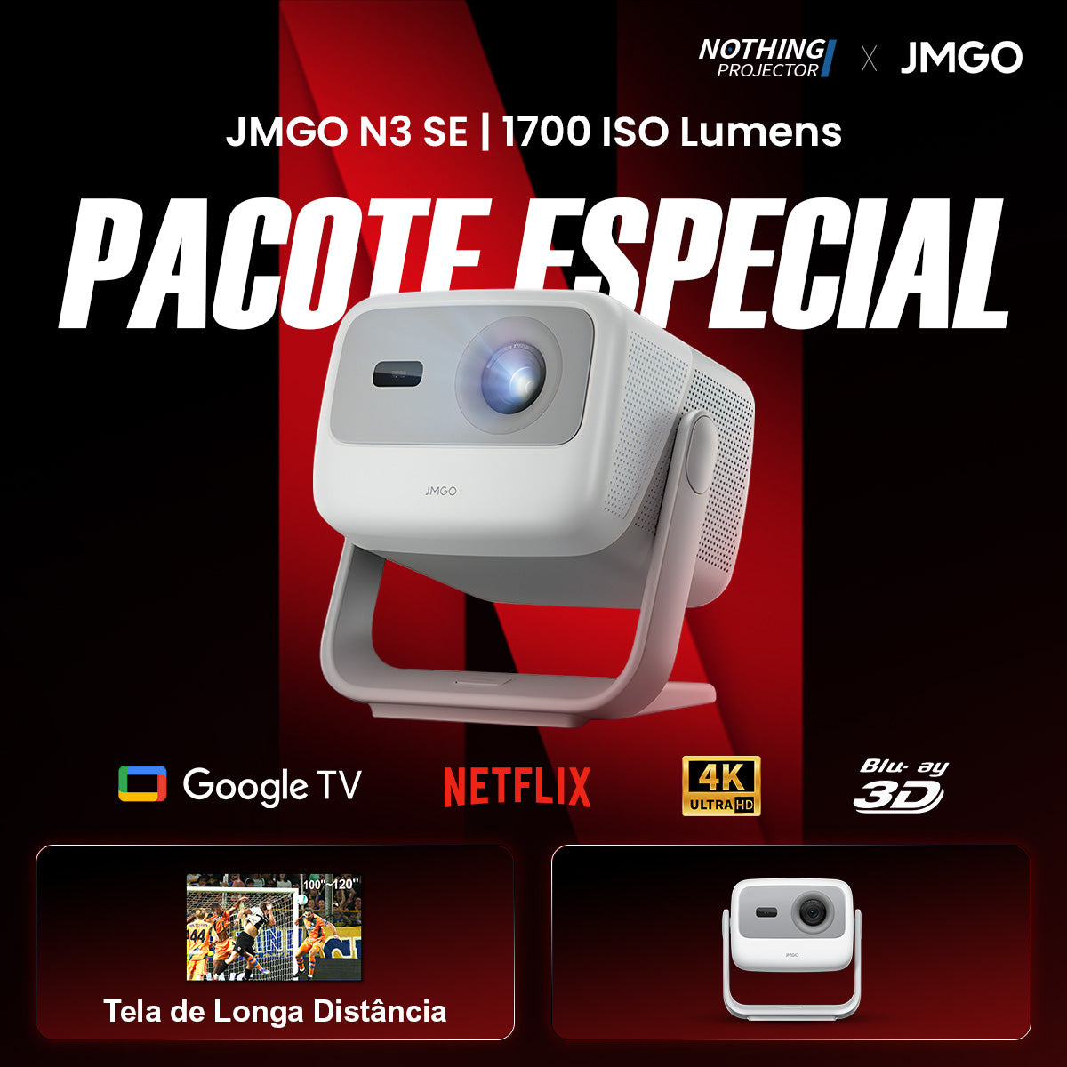 JMGO N3 SE - Projetor Gimbal Portátil 1080P com Laser Triplo, 1700 Lúmens ISO, Google TV com Netflix Nativo, Dolby Audio e Design Compacto