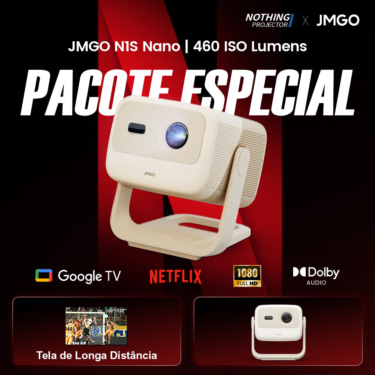 Projetor JMGO N1S Nano de Lançamento Longo com LED, Google TV e 460 Lúmens ISO