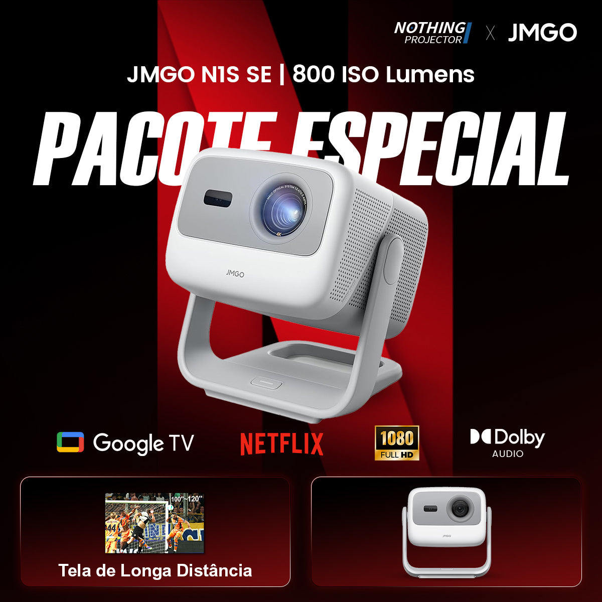 Projetor JMGO N1S SE de Lançamento Longo com Laser Triplo, Google TV e 800 Lúmens ISO