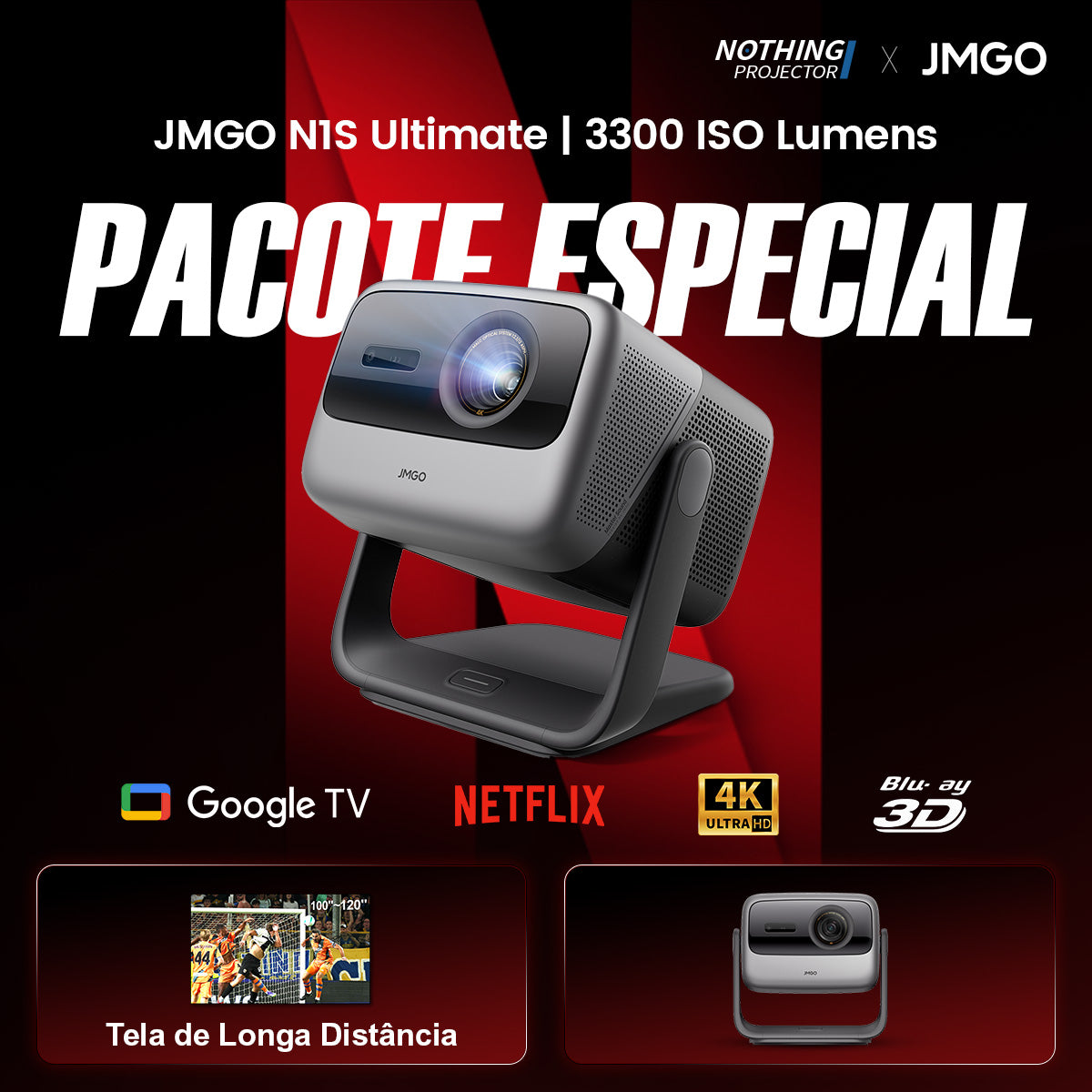 Projetor JMGO N1S Ultimate 4K a Laser para Áreas Externas com 3300 Lúmens ISO, Google TV e Netflix Integrado