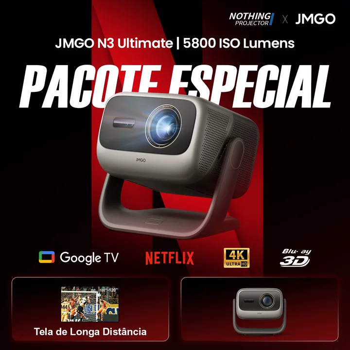 JMGO N3 Ultimate - Projetor Gimbal 4K a Laser Triplo de Longa Distância com 5800 Lúmens ISO, Zoom Óptico, Deslocamento de Lente 3 em 1 e VRR & ALLM