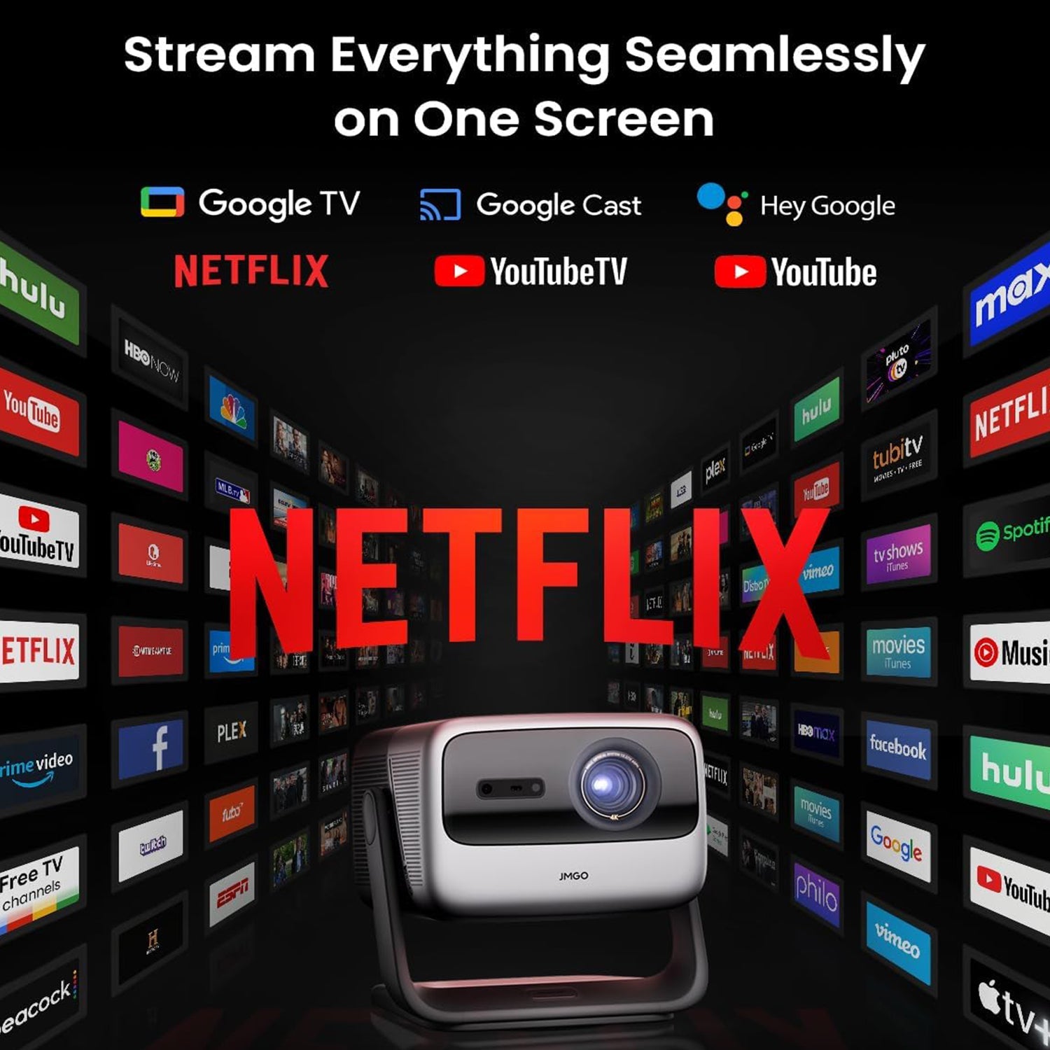 Projetor JMGO N1S Ultimate 4K a Laser para Áreas Externas com 3300 Lúmens ISO, Google TV e Netflix Integrado