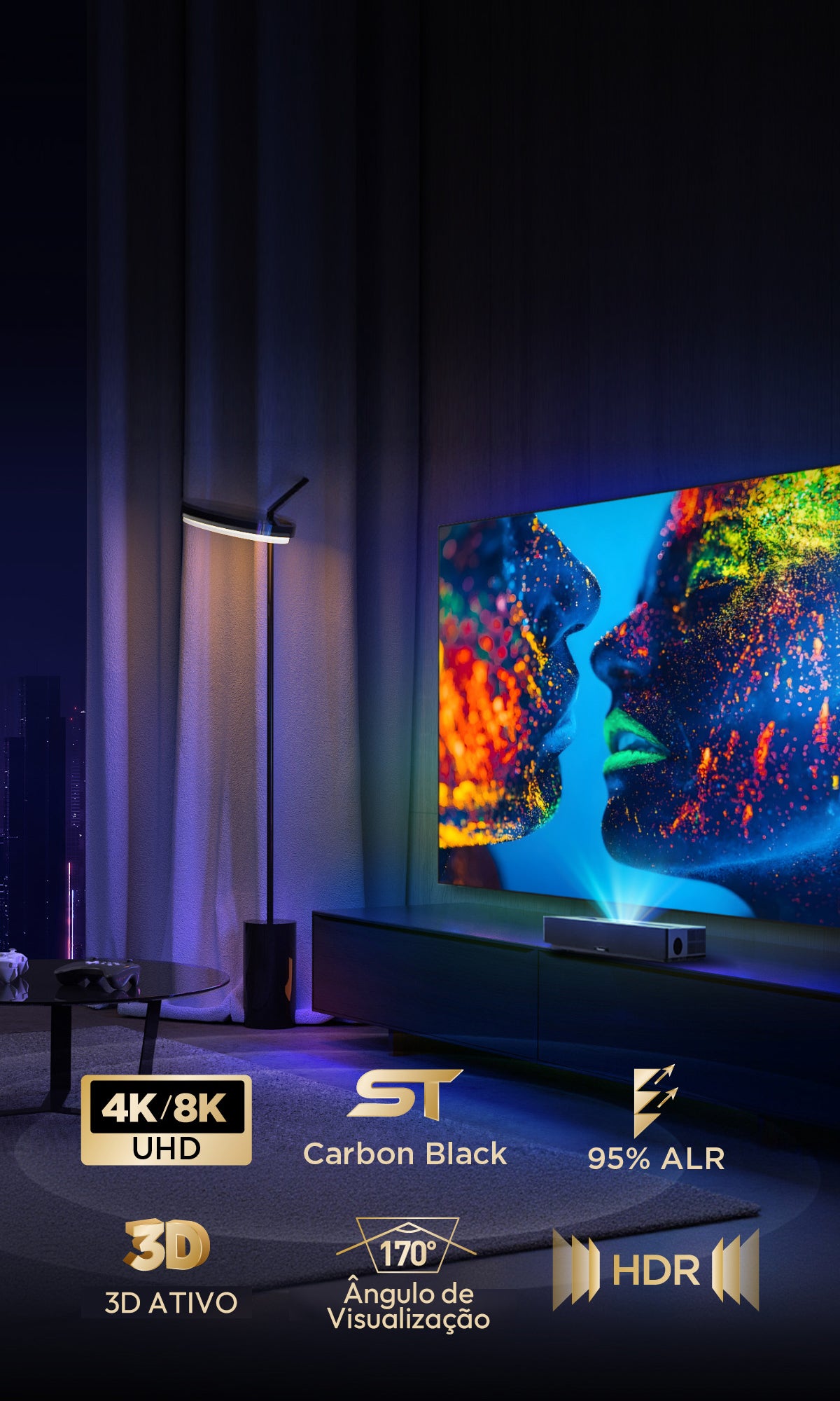 Tela NothingProjector Black Series com 4K/8K UHD, ST Carbon Black, 95% ALR, 3D ativo, ângulo de 160° e suporte HDR.