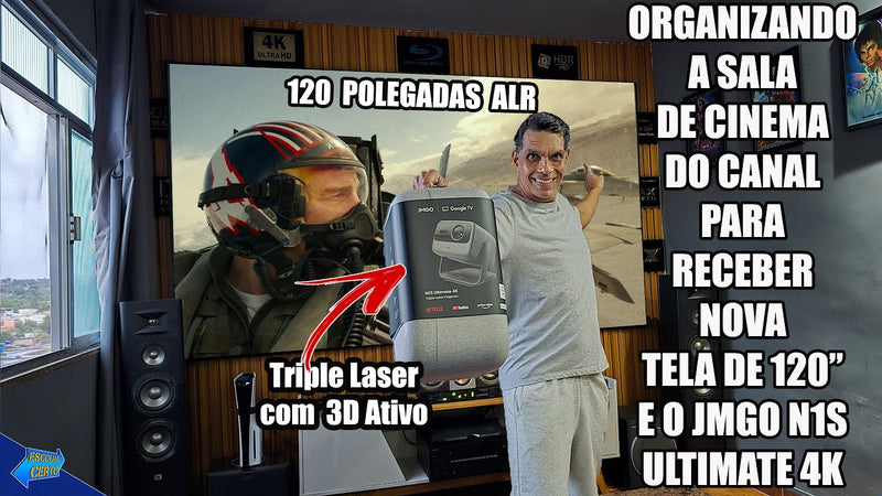 Montando telão de 120 polegadas e novo Projetor JMGO no home theater!